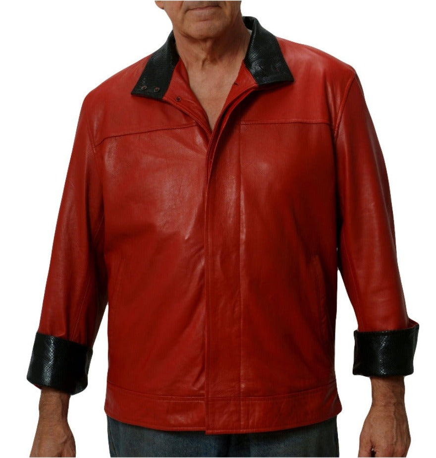 Picture of a model wearing our Red Snakeskin Leather Jacket with black snakeskin embossed collar and cuffs.  Front view.