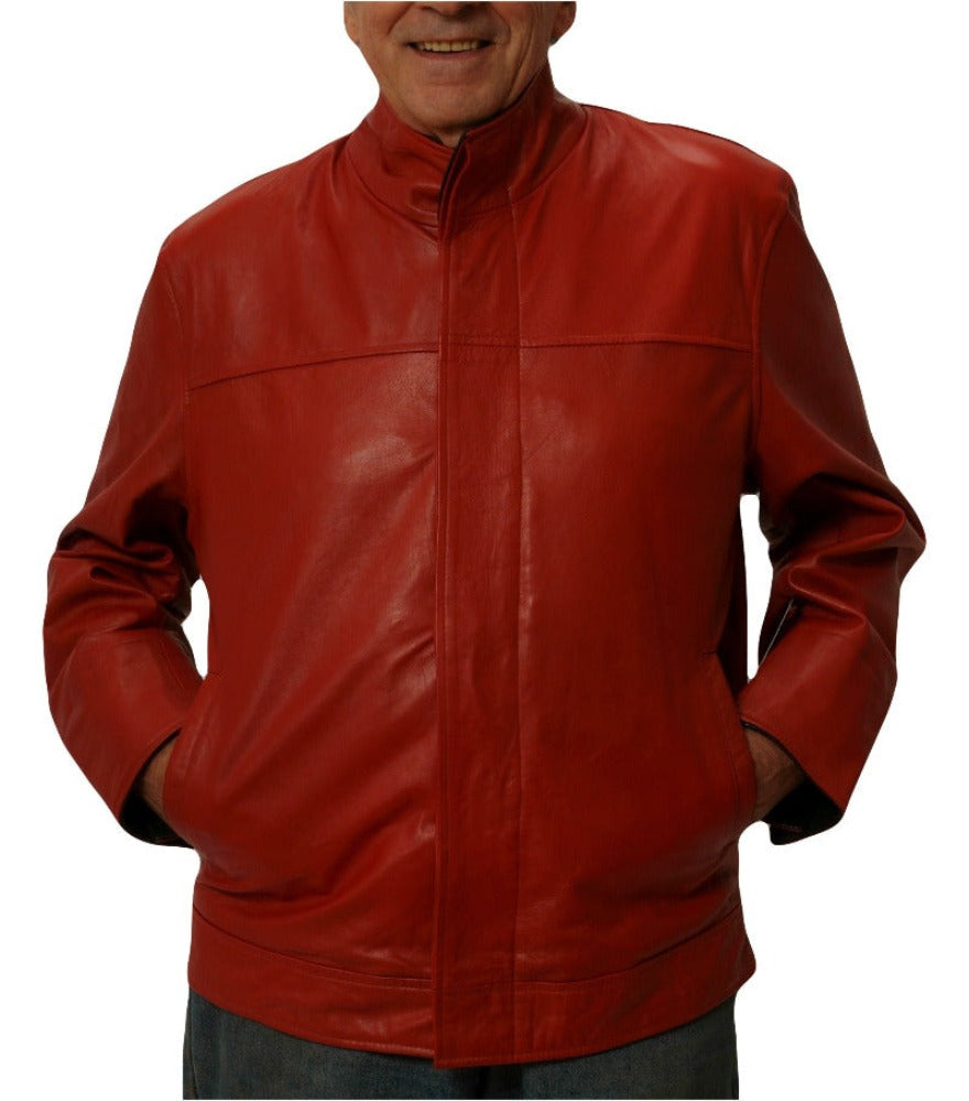 Picture of a model wearing our Red Snakeskin Leather Jacket with black snakeskin embossed collar and cuffs.  Front view with jacket fully buttoned closed.