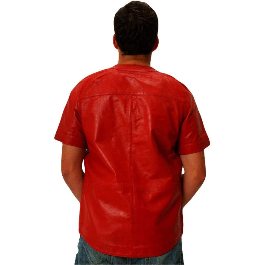 Picture of a model wearing a red leather baseball jersey back view
