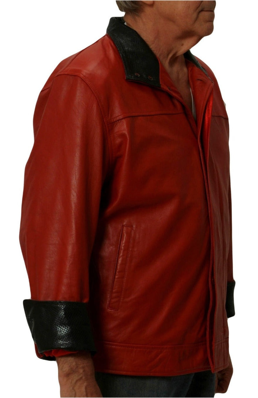 Picture of a model wearing our Red Snakeskin Leather Jacket with black snakeskin embossed collar and cuffs.  Side view.