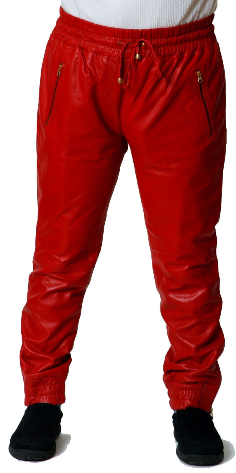Picture of a model wearing red leather joggers,  front view