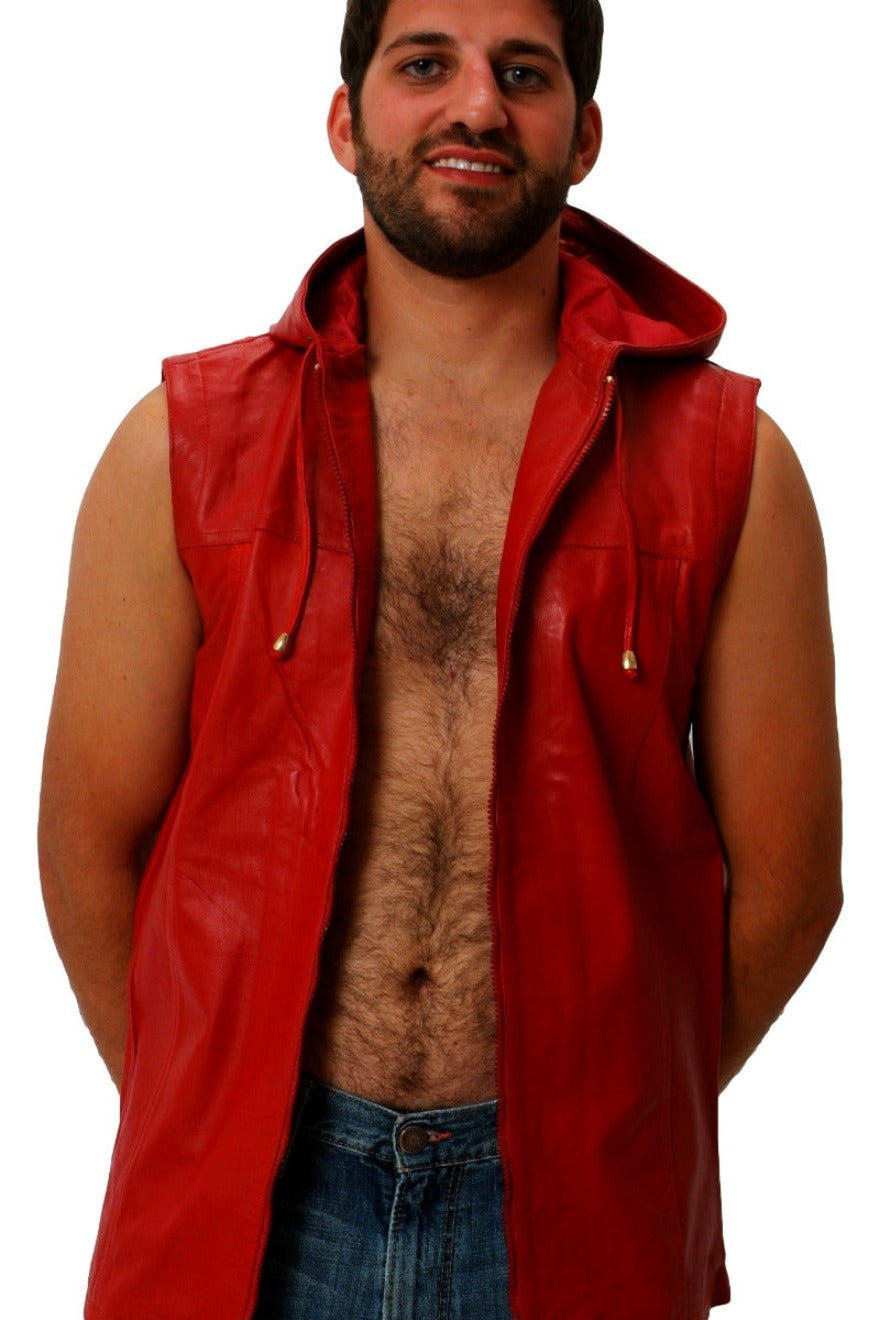 Picture of a model wearing a Sleeveless Leather Shirt in red, Front view with hood down and zipper open