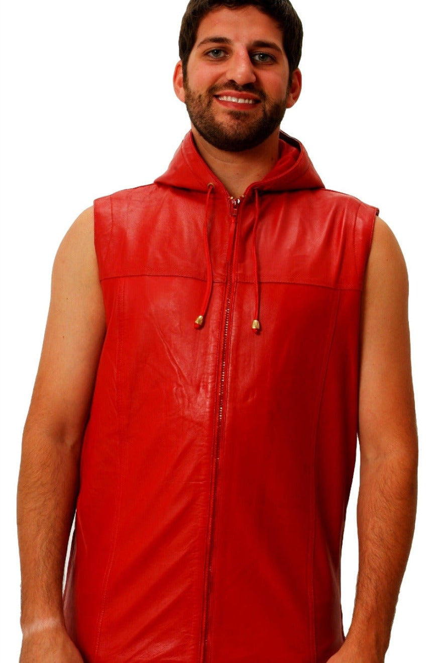 Picture of a model wearing a Sleeveless Leather Shirt in red, Front view with hood down and zipper closed.
