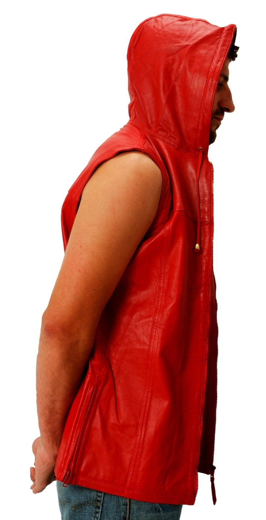 Picture of a model wearing a Sleeveless Leather Shirt in red, Side view with hood up