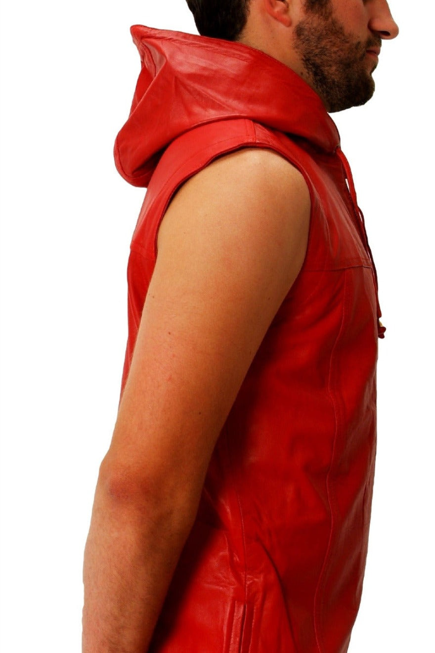 Picture of a model wearing our Mens Hooded Leather Vest  in Red,, Side view with hood down