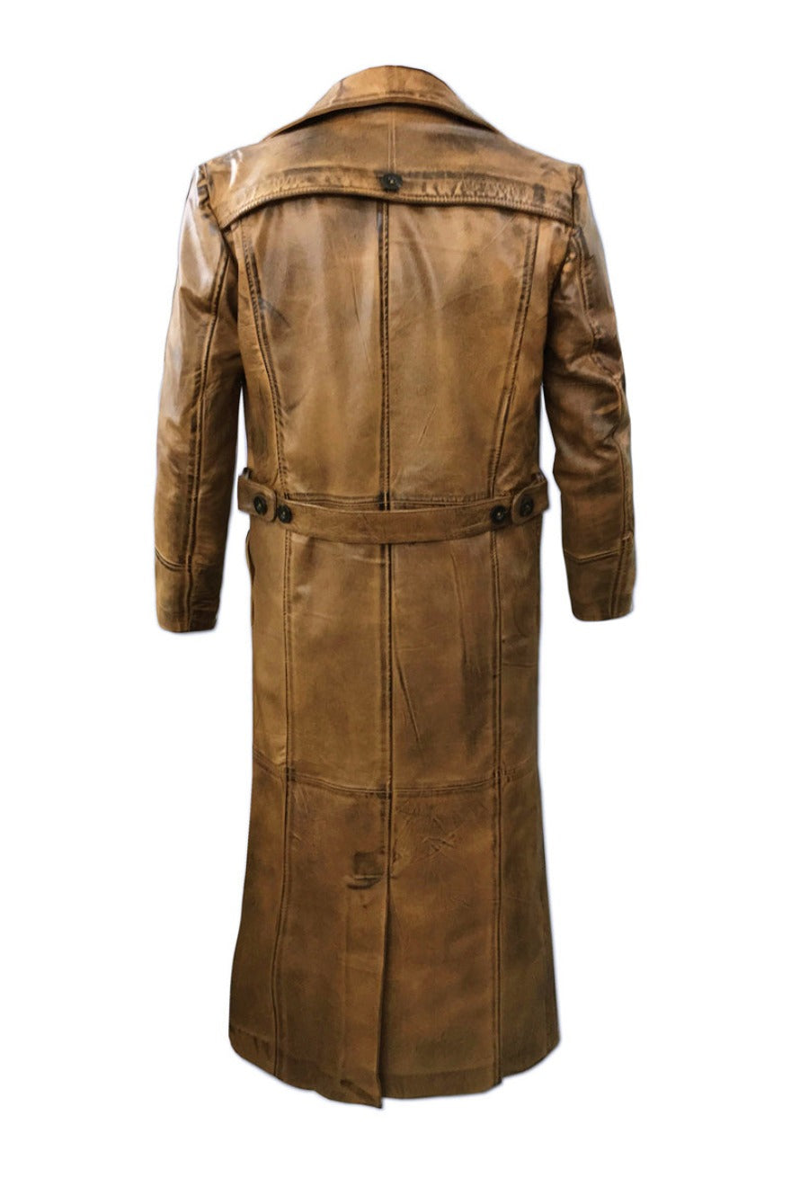 Mens leather trench coat, hand rubbed camel brown distressed color, view from the back