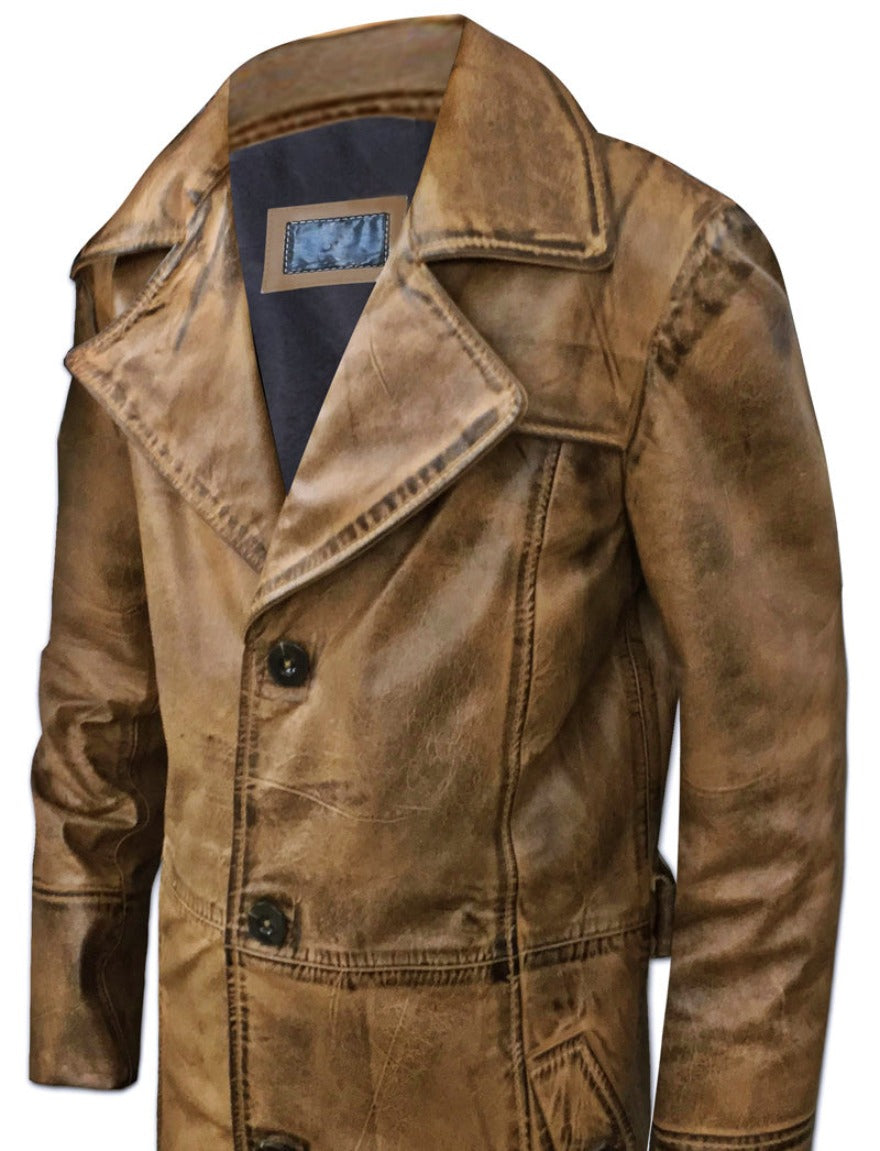 Mens leather trench coat, hand rubbed camel brown distressed color Close up of front of coat.