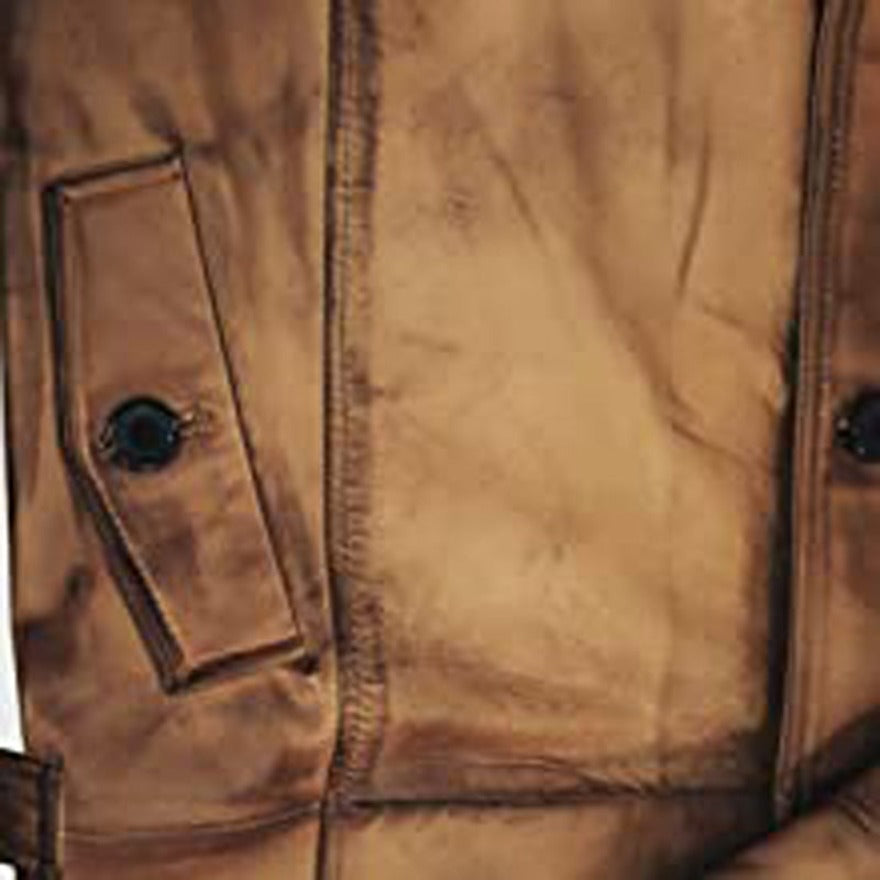 Picture of our Mens Brown Leather Trench Coat Full Length , close up of pocket