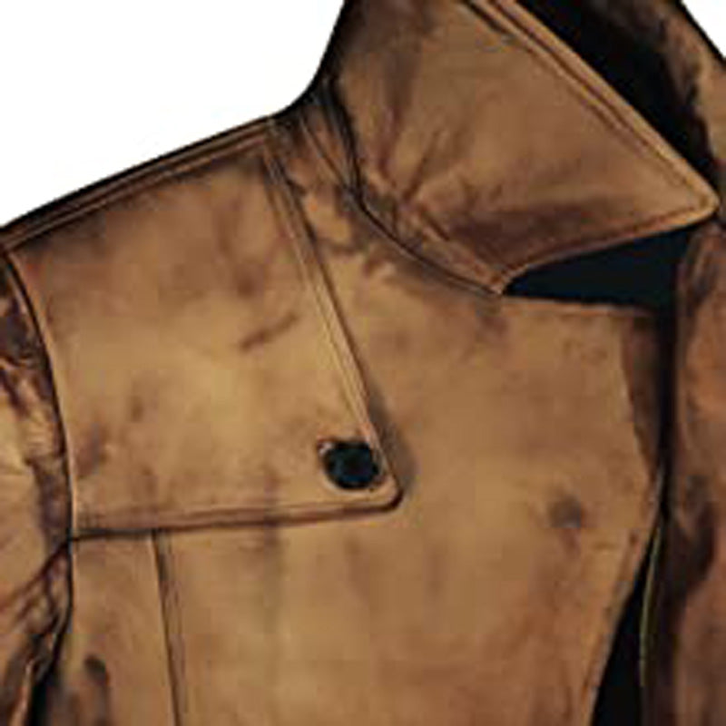 mens  leather trench coat, distressed camel brown color, close up of collar.