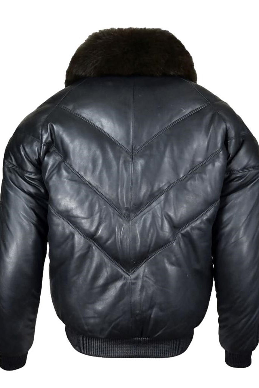 Picture of the back of our Mens Black Leather Bomber Jacket with Fur Collar.