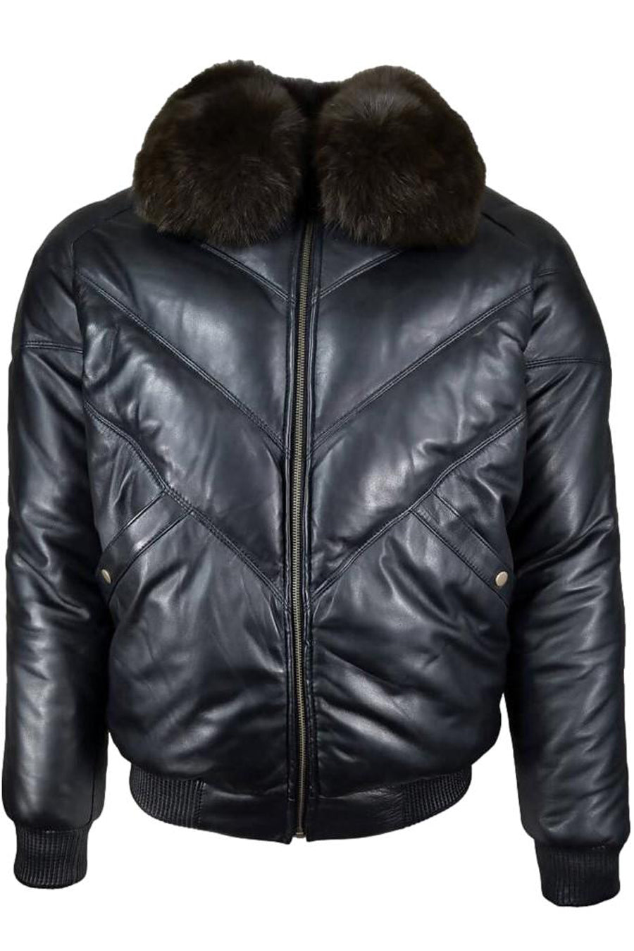 Picture of the front of our Mens Black Leather Bomber Jacket with Fur Collar.