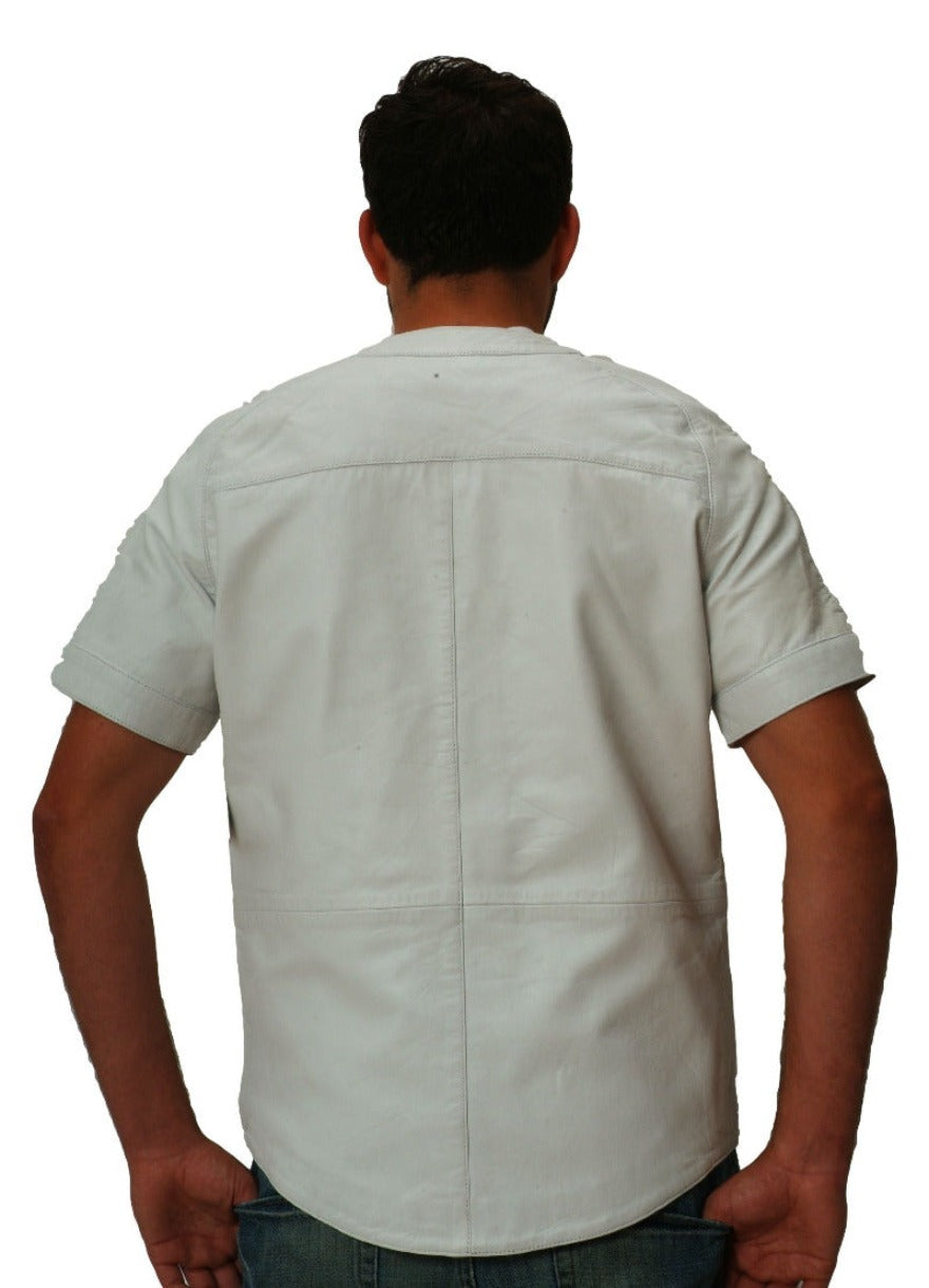 Picture of a model wearing a white leather baseball  jersey-back view