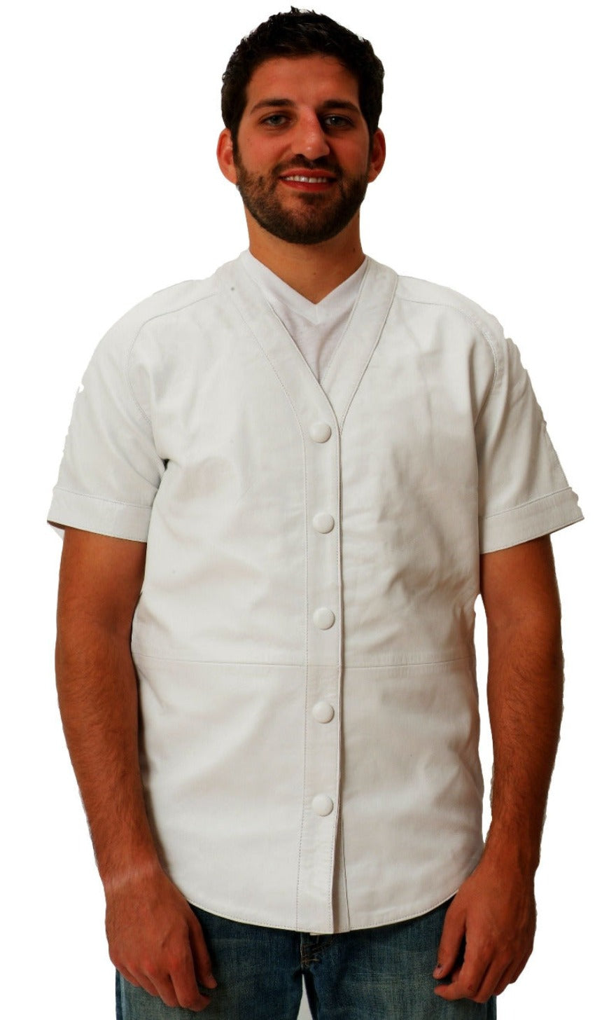 Picture of a model wearing a white leather baseball jersey-front view