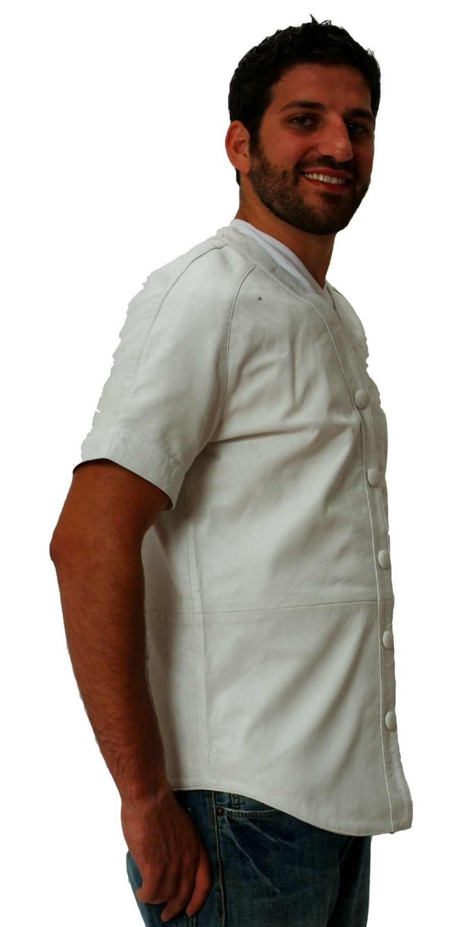 Picture of a model wearing a white leather baseball jersey-side view