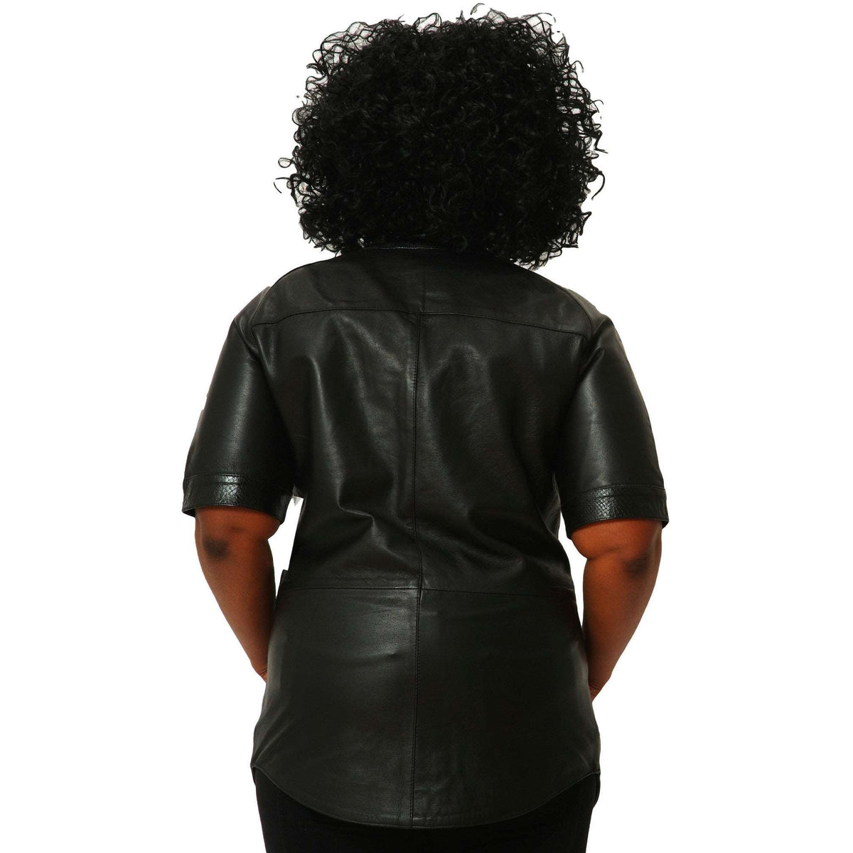 Womens black leather baseball jersey snakeskin trim back
