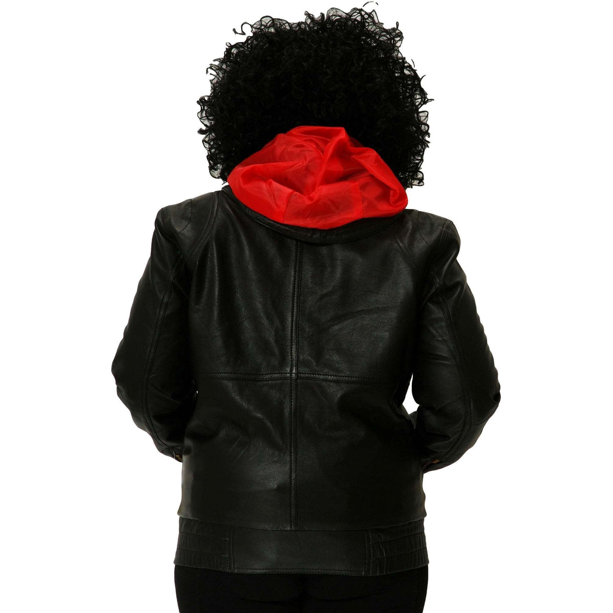 Womens black leather hooded jacket back