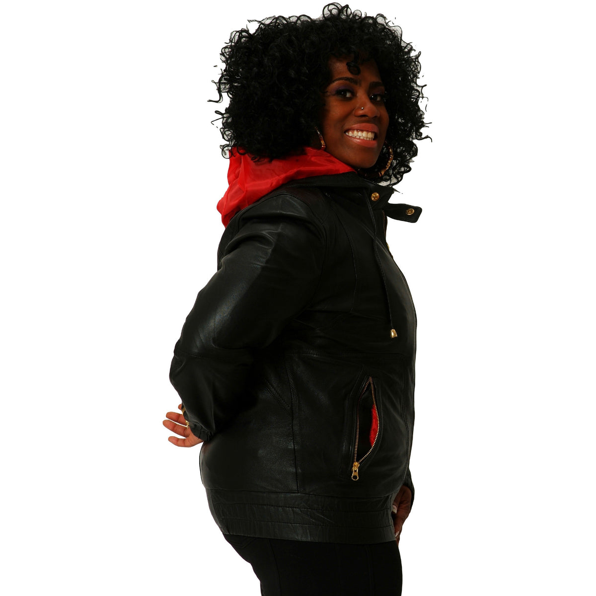 Womens black leather hooded jacket side