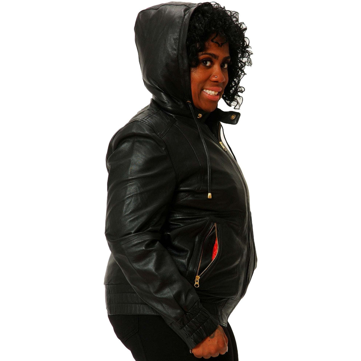 Womens black leather hooded jacket side 1
