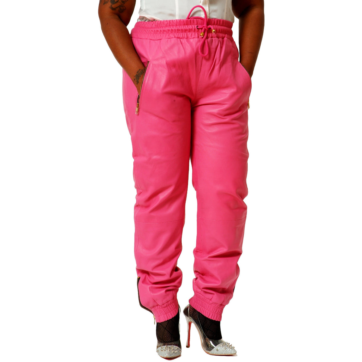 Womens Pink leather joggers front