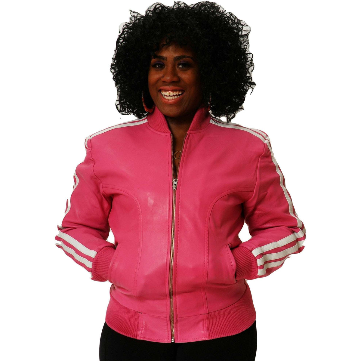 Womens Pink Leather track jacket front