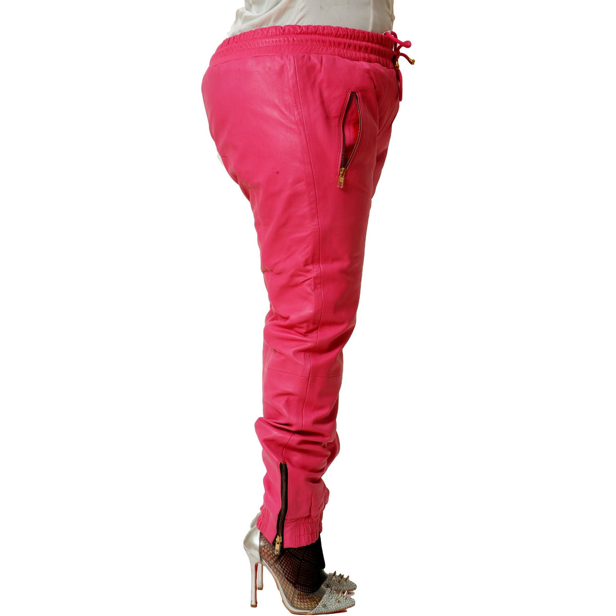 Womens Pink leather joggers side