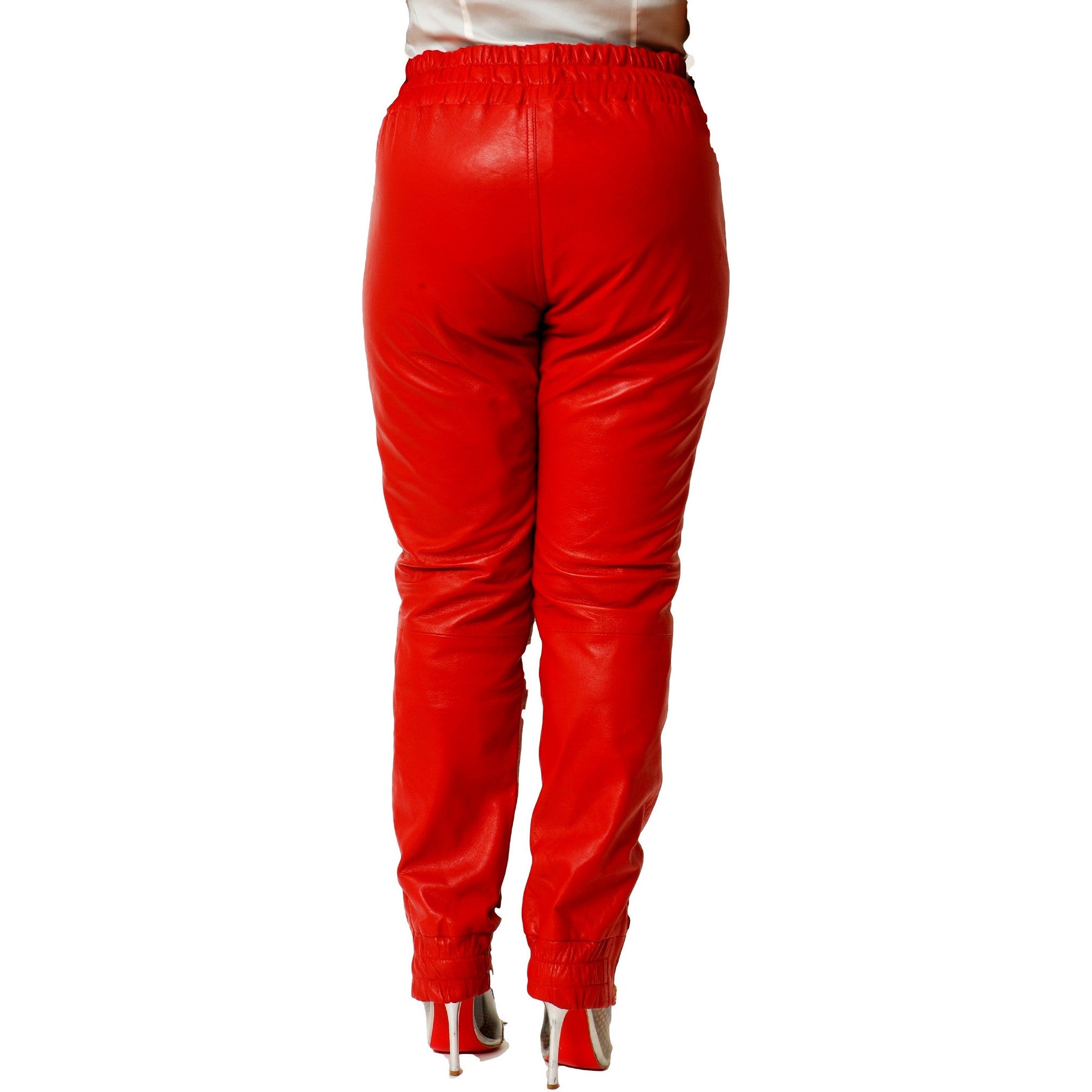 Womens Unisex Red Leather Sweat Pants Joggers Relaxed Fit Smooth
