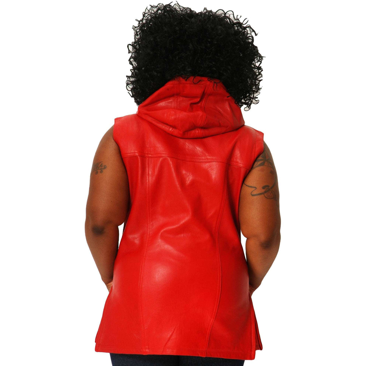 Womens red leather hooded tee back