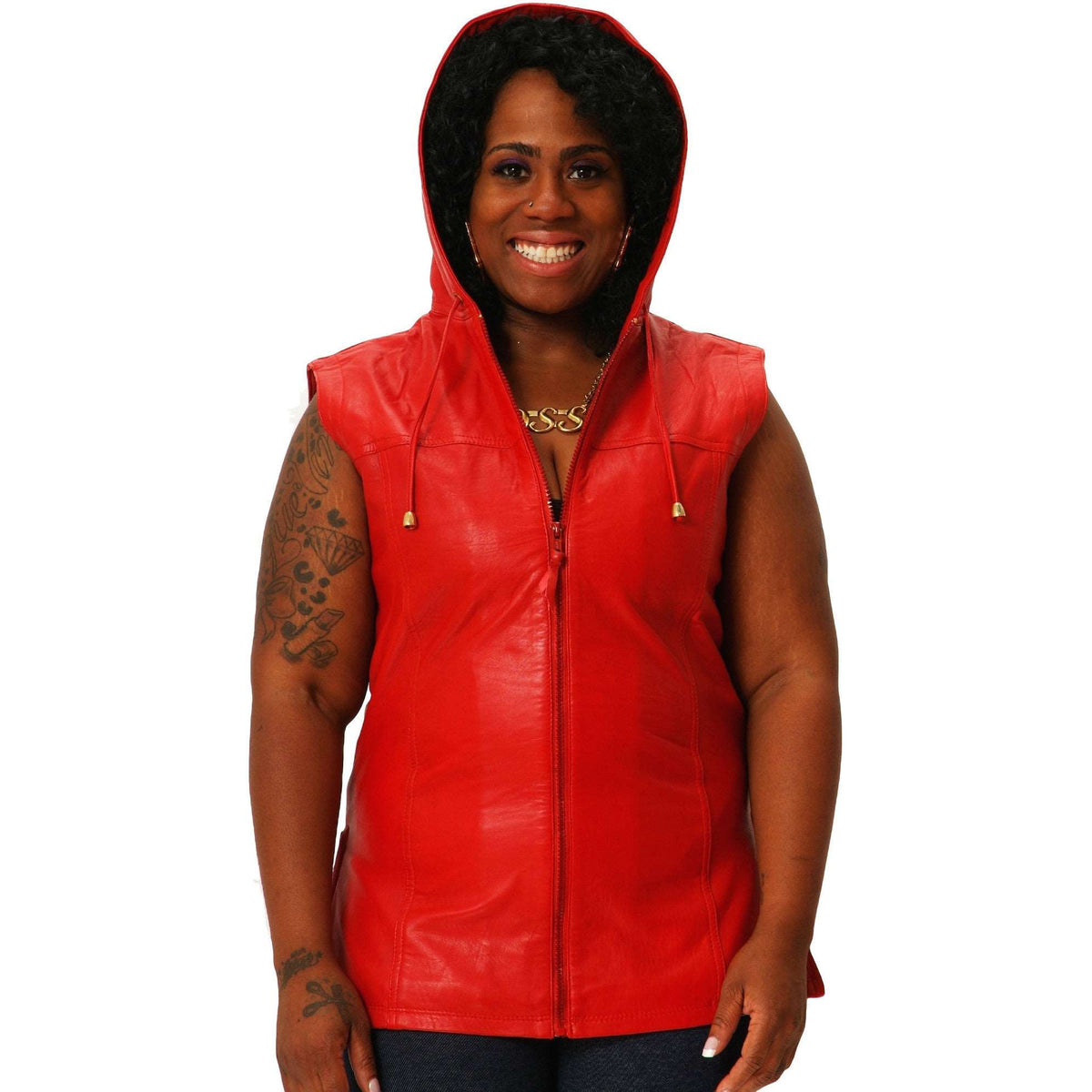 Womens red leather hooded tee front 1
