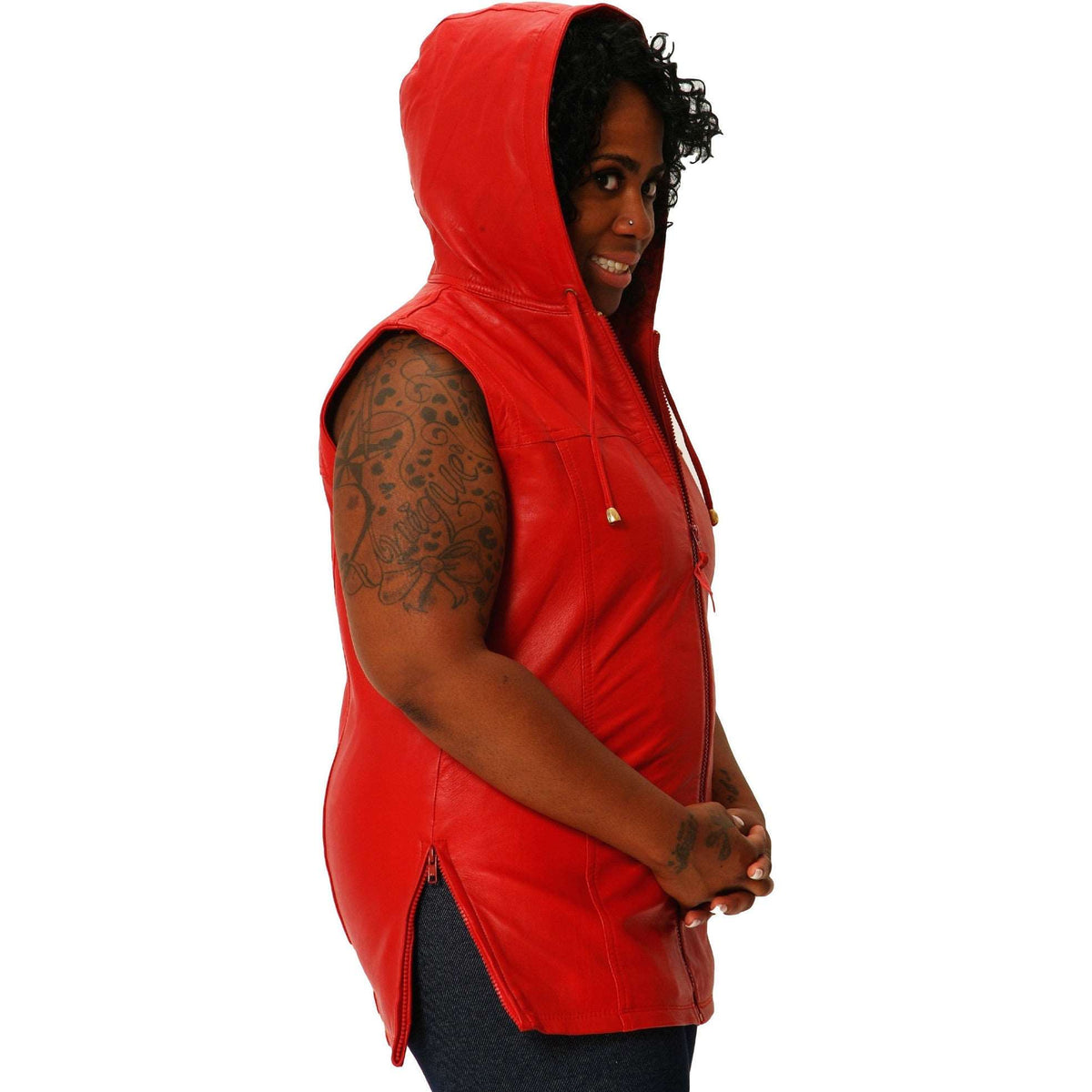 Womens red leather hooded tee side