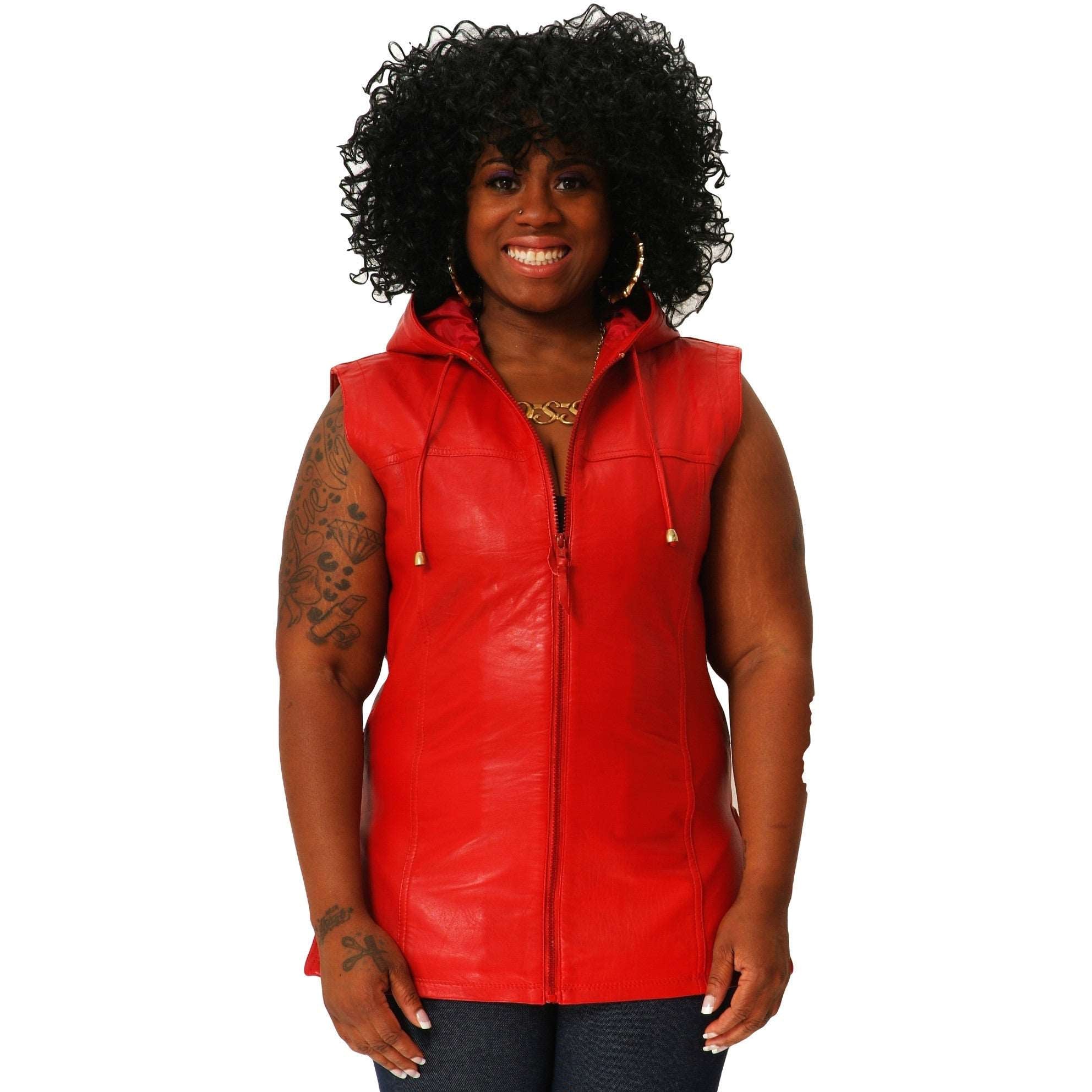 Womens red leather hooded tee front