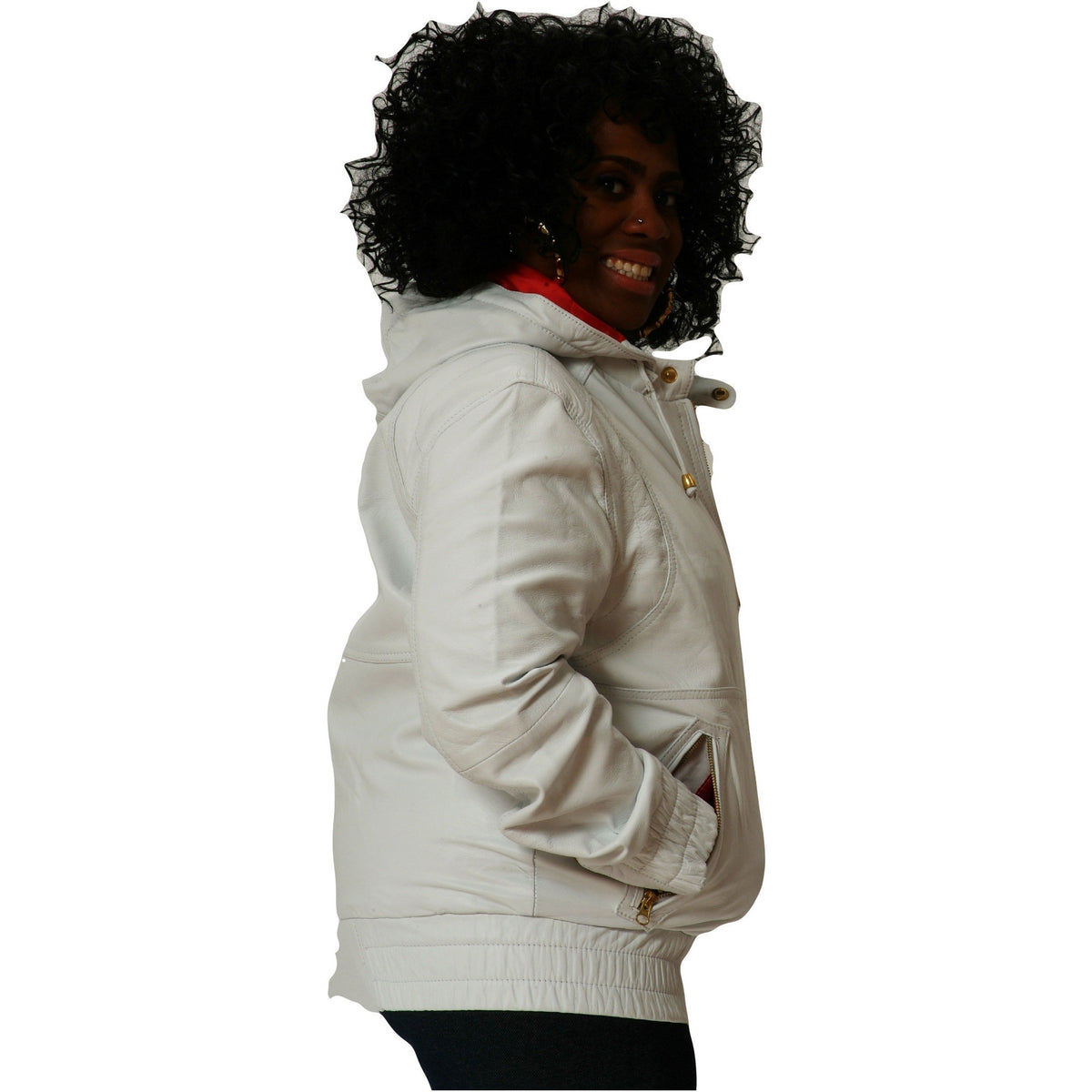 Womens white leather hooded jacket side