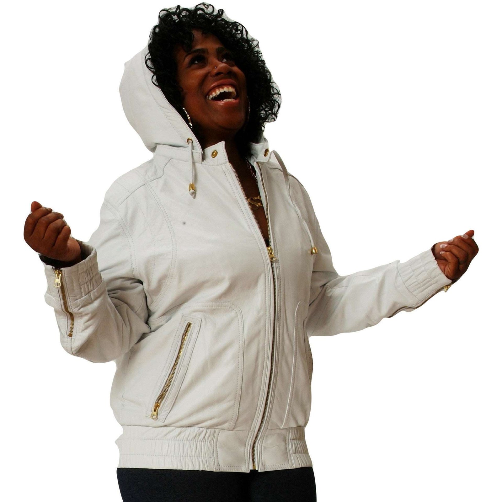 Womens white leather hooded jacket angle