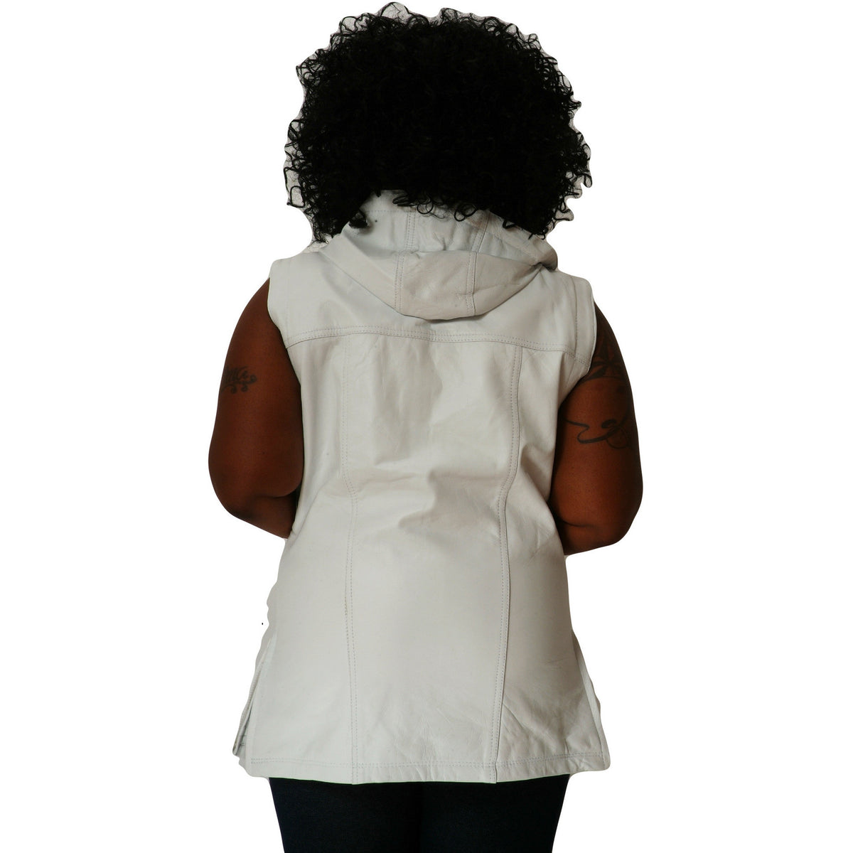 Womens white leather hooded tee back