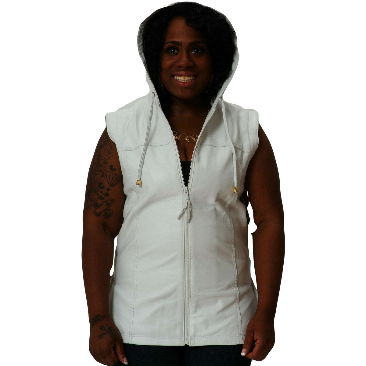 Womens white leather hooded tee front 1