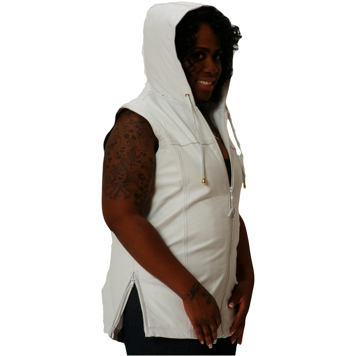 Womens white leather hooded tee side 1