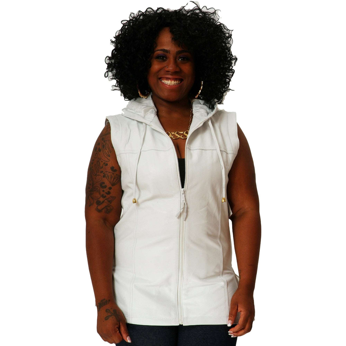 Womens white leather hooded tee front