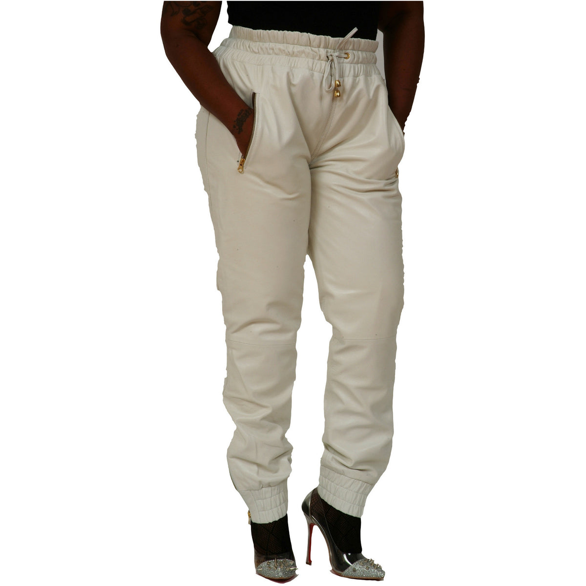 Womens White leather joggers front