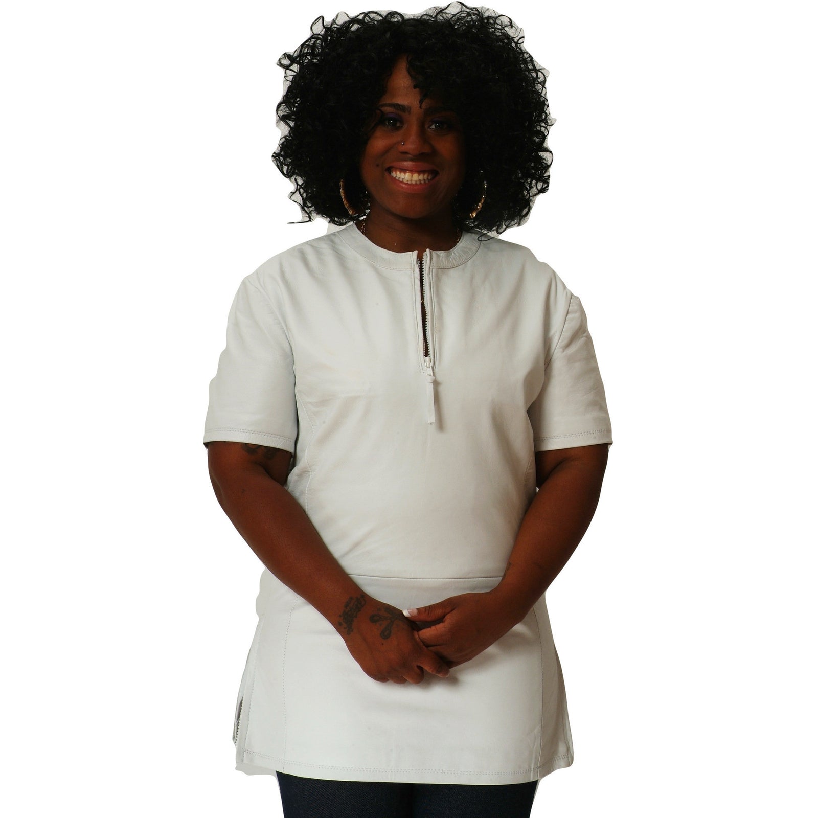 Womens white leather tee shirt front
