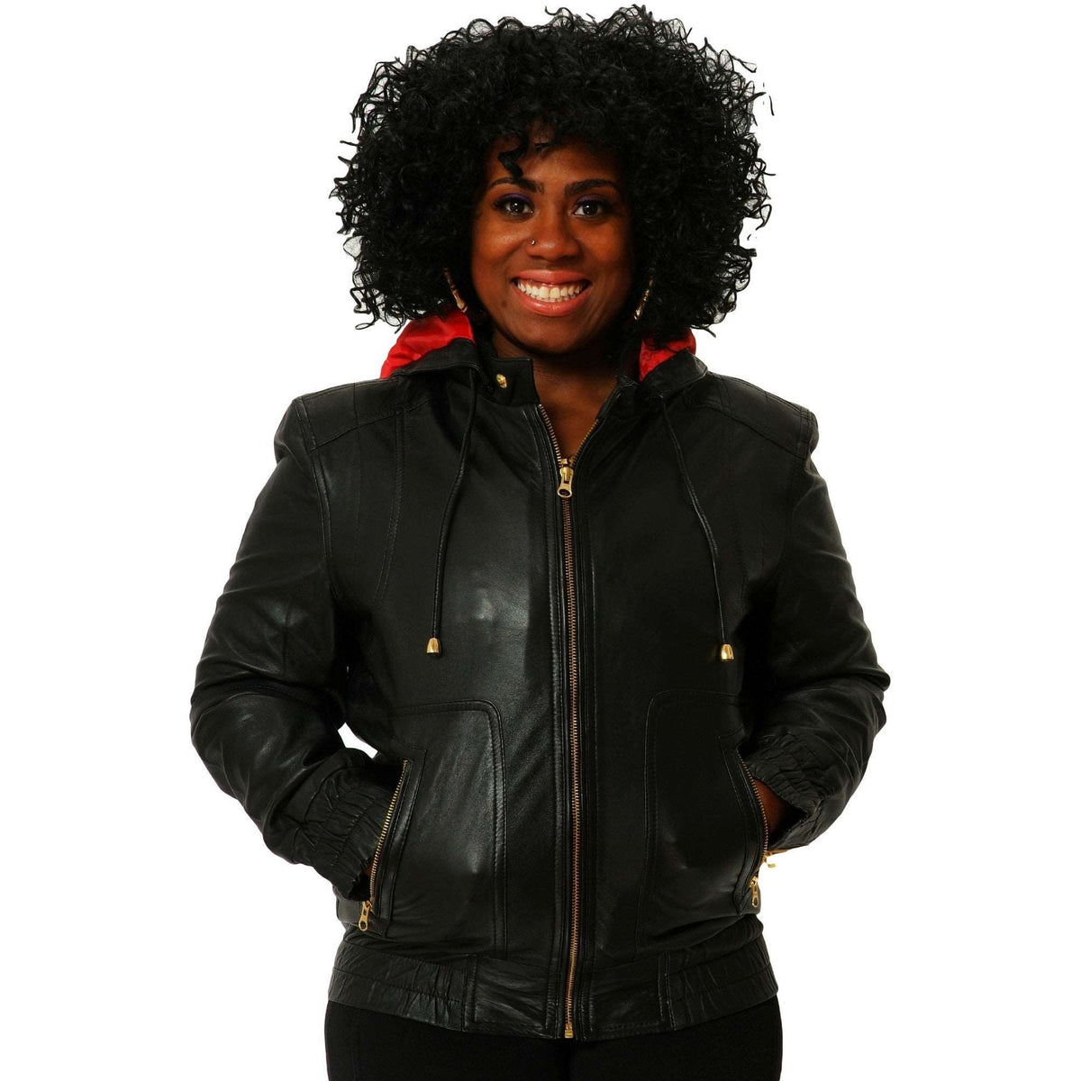 Womens black leather hooded jacket front