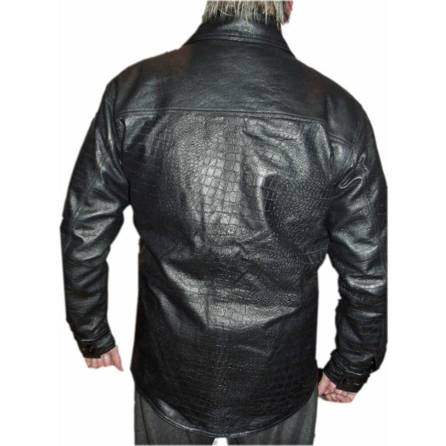 Picture of a model wearing a Mens Snakeskin Button Up Shirt Black color, back view