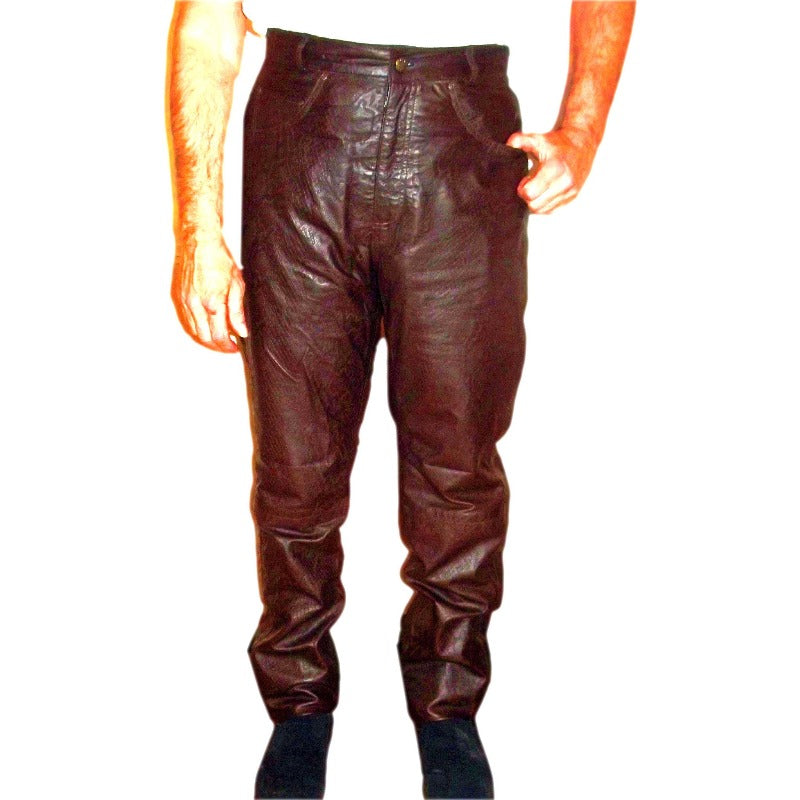 picture of a model wearing Brown Snakeskin Leather Jeans, front view.